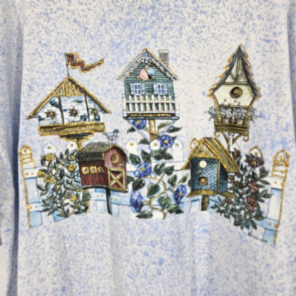 Vintage Fruit of the Loom Shirt Mens 2XL Bird Birdhouses Glitter Embroidered 90s